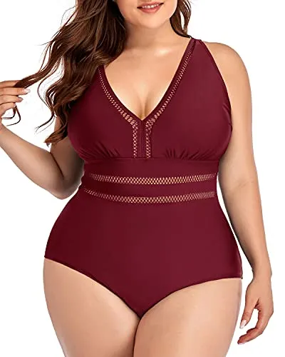 Padded Push Up Plus Size V Neck See Through Swimsuit-Maroon