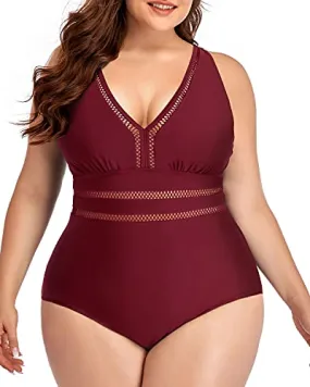 Padded Push Up Plus Size V Neck See Through Swimsuit-Maroon