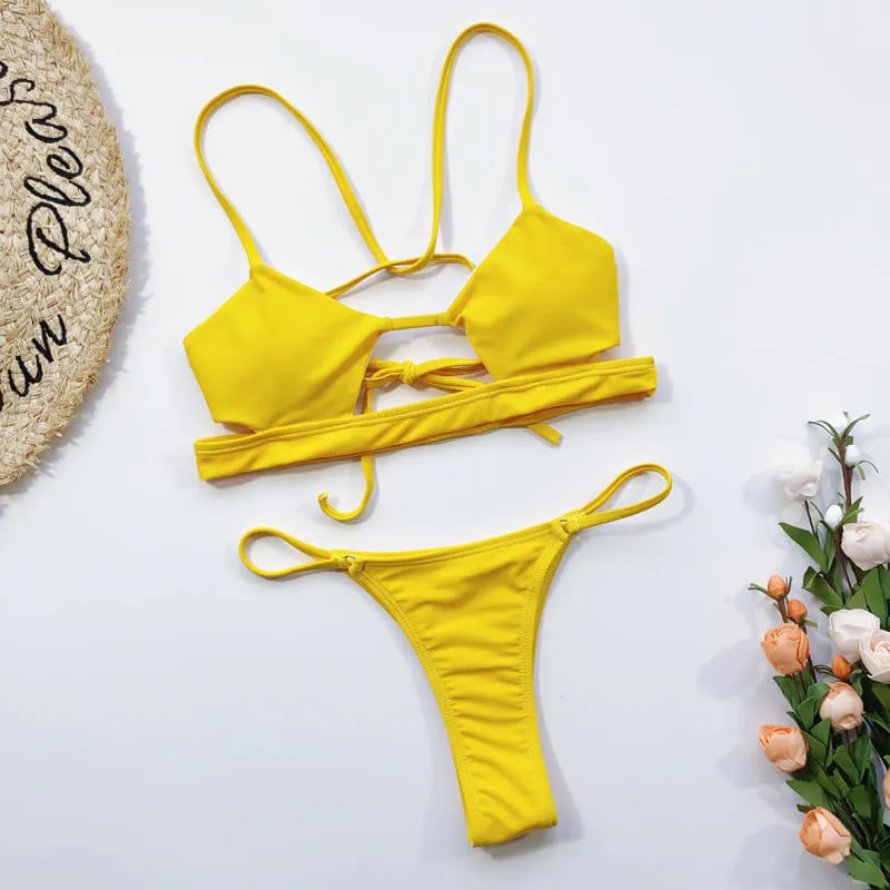 Plain Cutout Bandage Thong Bottom Bikinis