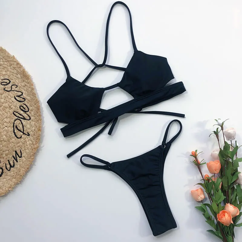 Plain Cutout Bandage Thong Bottom Bikinis