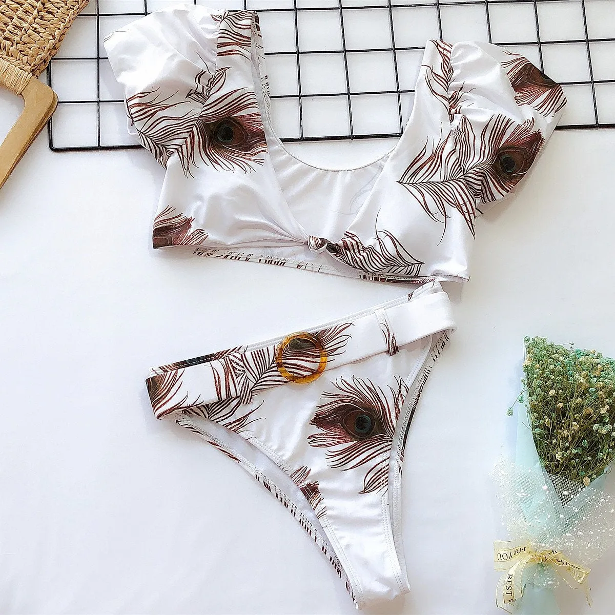 Print Belt High Rise Thong Bottom Bikinis