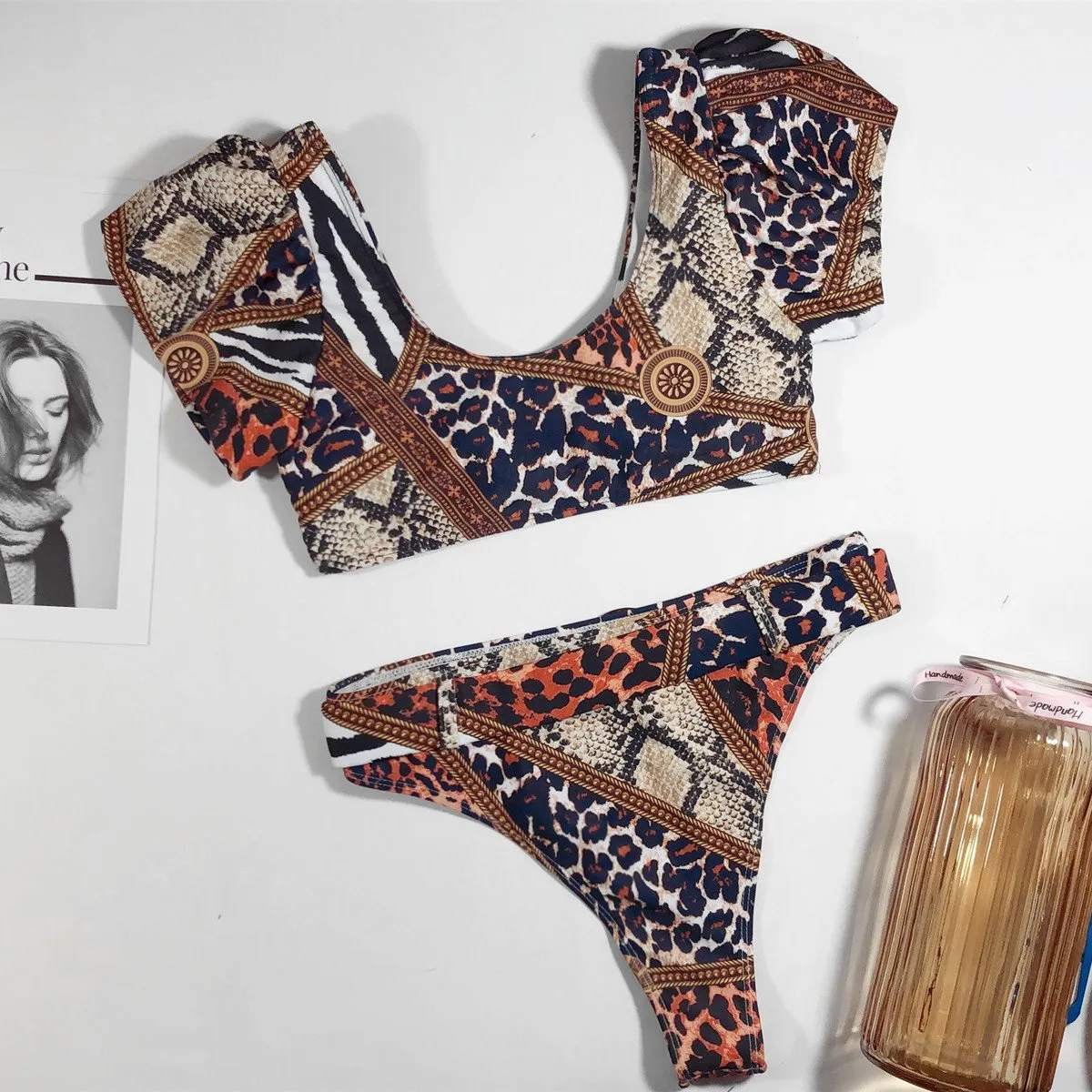 Print Belt High Rise Thong Bottom Bikinis