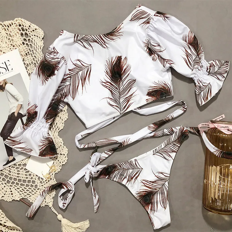 Print Strappy Short Sleeve Thong Bottom Bikinis