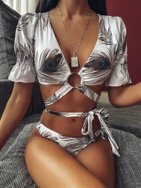 Print Strappy Short Sleeve Thong Bottom Bikinis