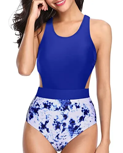 Racerback One Piece Tummy Control Cutout Swimsuits For Teen Girls-Royal Blue Tie Dye