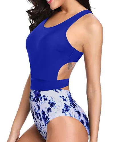 Racerback One Piece Tummy Control Cutout Swimsuits For Teen Girls-Royal Blue Tie Dye