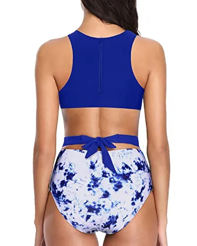 Racerback One Piece Tummy Control Cutout Swimsuits For Teen Girls-Royal Blue Tie Dye