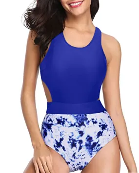 Racerback One Piece Tummy Control Cutout Swimsuits For Teen Girls-Royal Blue Tie Dye