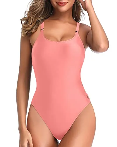 Removable Contoured Soft Padded Push Up Women One Piece Slimming Bathing Suit-Coral Pink