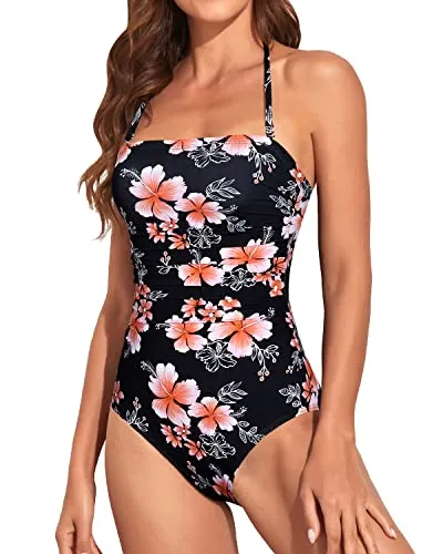 Removable Strap Halter One Piece Swimsuits Tummy Control-Black Floral