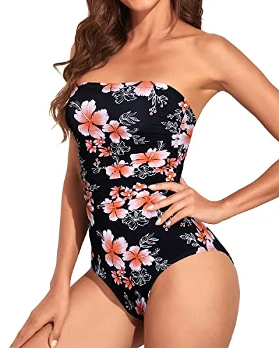 Removable Strap Halter One Piece Swimsuits Tummy Control-Black Floral