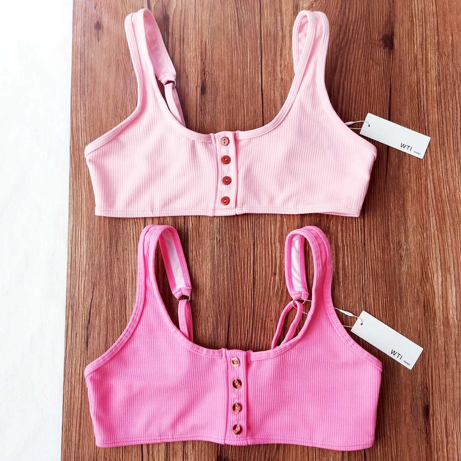 Ribbed Sporty Bikini Swimsuits Button Swimwear Up Crop Top Set