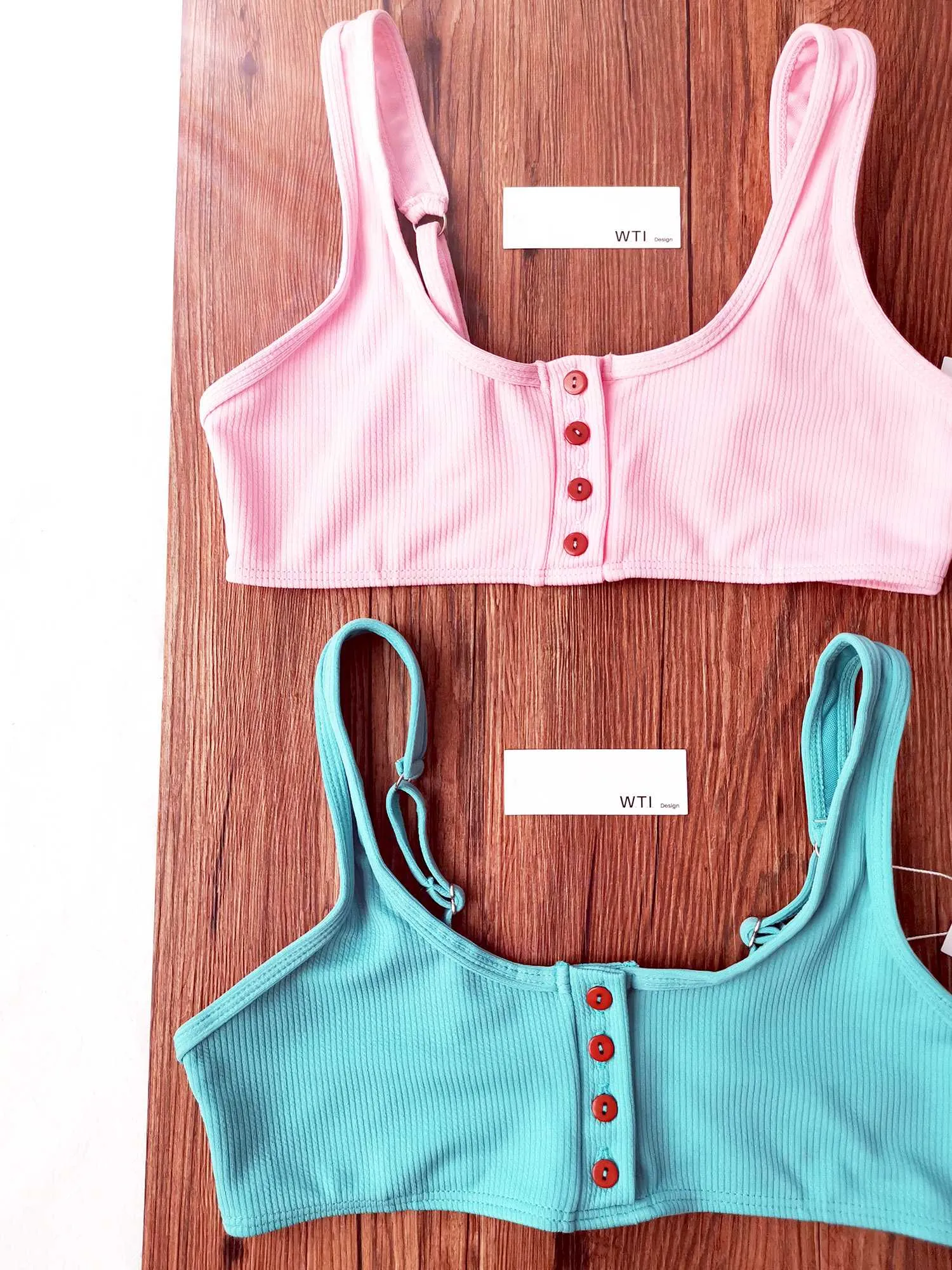 Ribbed Sporty Bikini Swimsuits Button Swimwear Up Crop Top Set