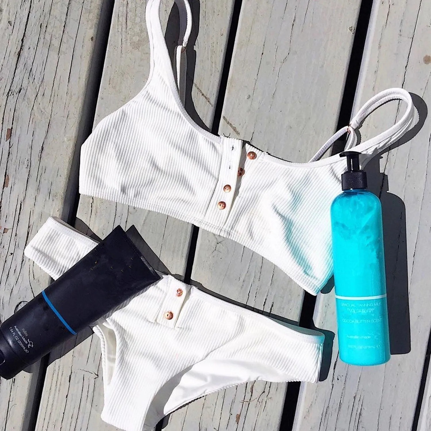 Ribbed Sporty Bikini Swimsuits Button Swimwear Up Crop Top Set