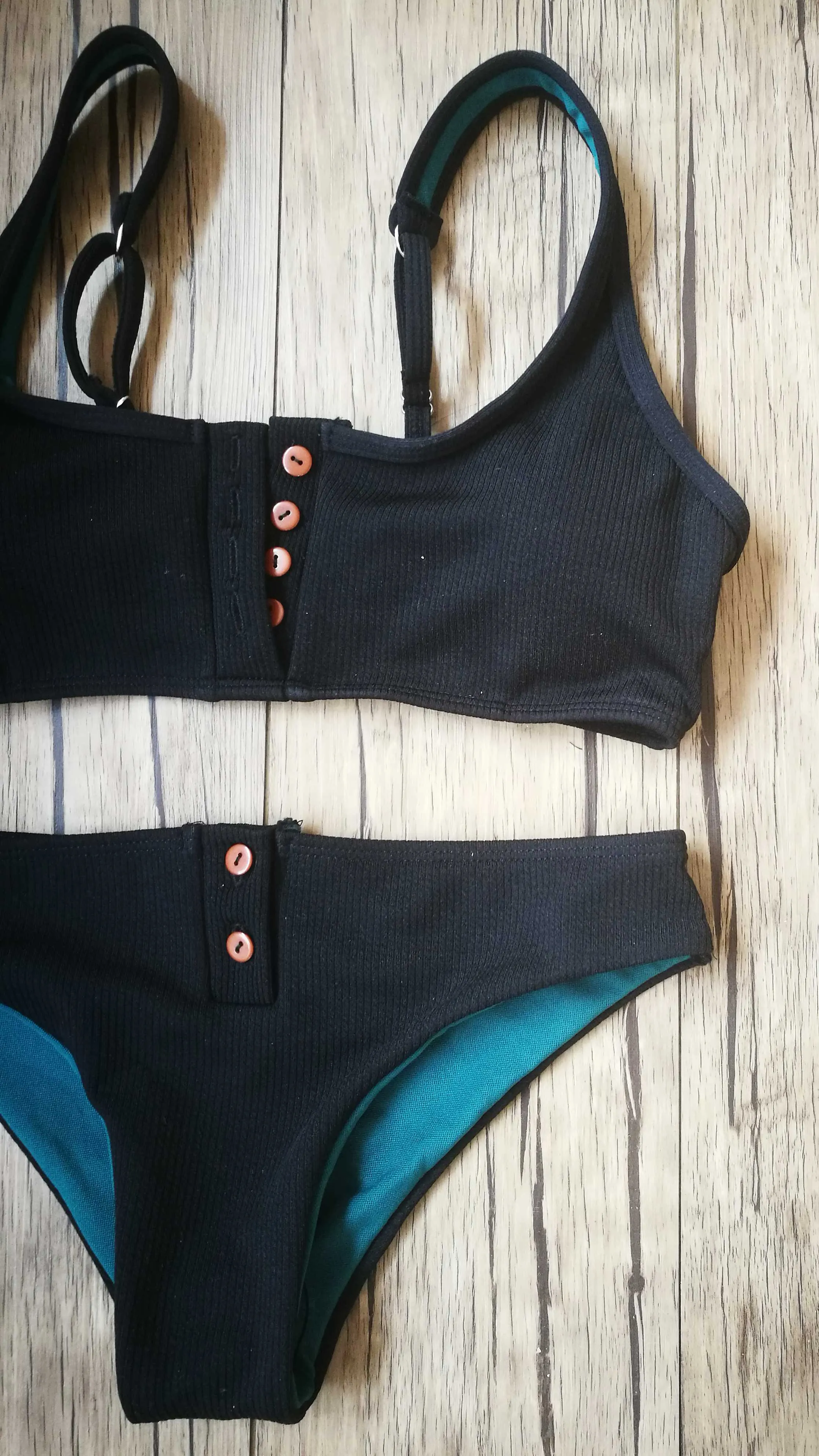 Ribbed Sporty Bikini Swimsuits Button Swimwear Up Crop Top Set