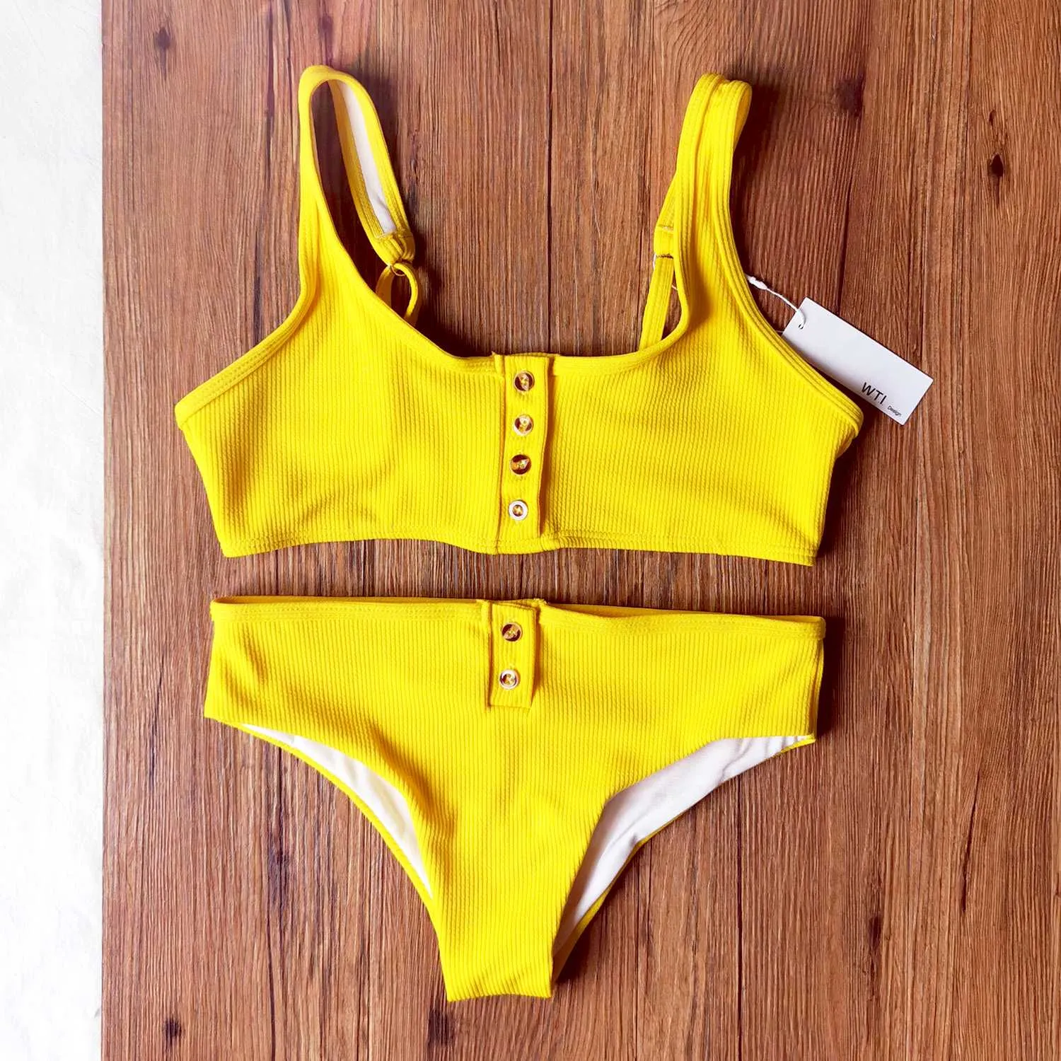 Ribbed Sporty Bikini Swimsuits Button Swimwear Up Crop Top Set