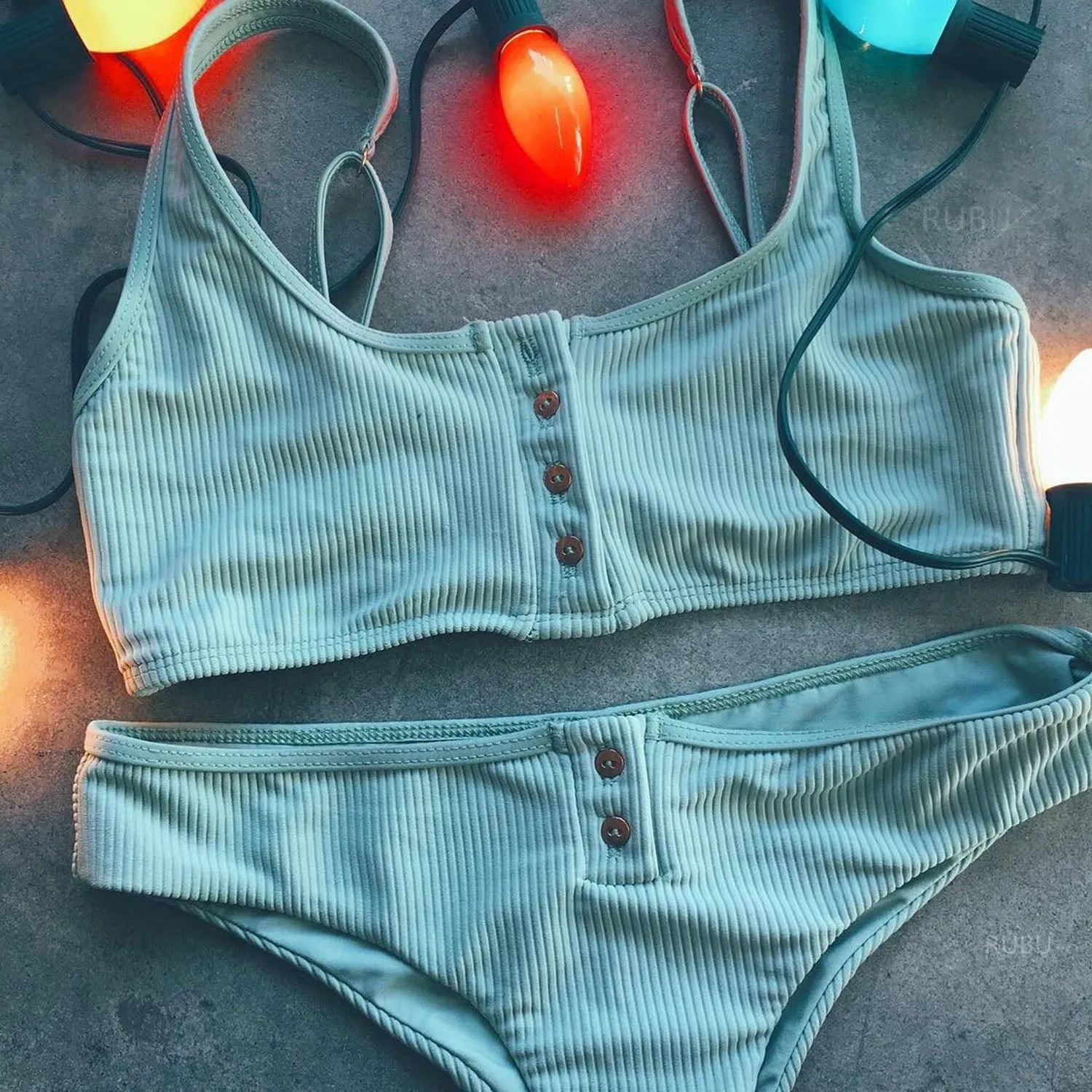 Ribbed Sporty Bikini Swimsuits Button Swimwear Up Crop Top Set