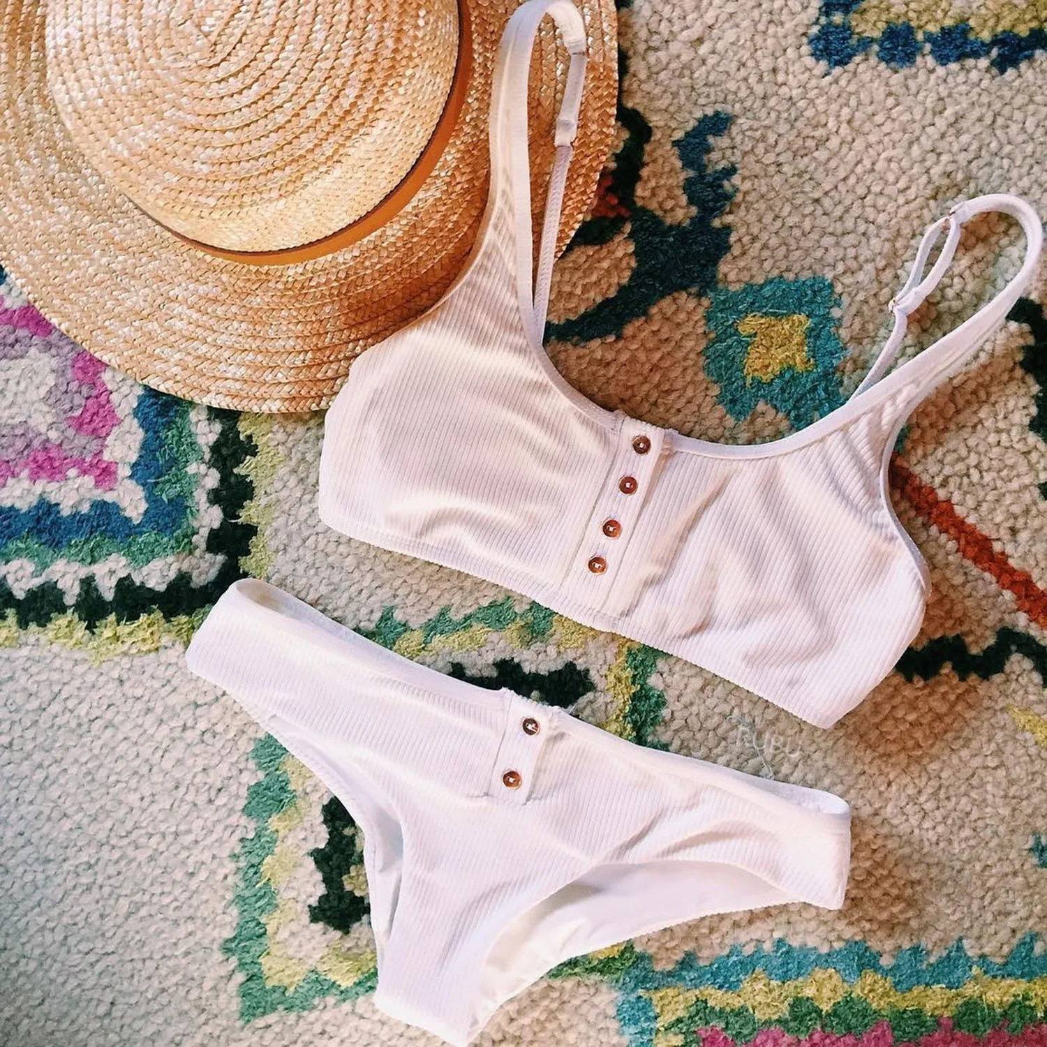 Ribbed Sporty Bikini Swimsuits Button Swimwear Up Crop Top Set
