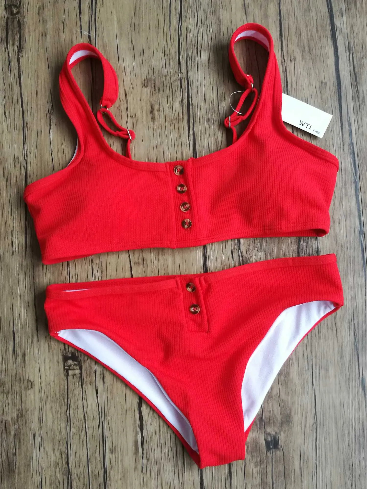 Ribbed Sporty Bikini Swimsuits Button Swimwear Up Crop Top Set