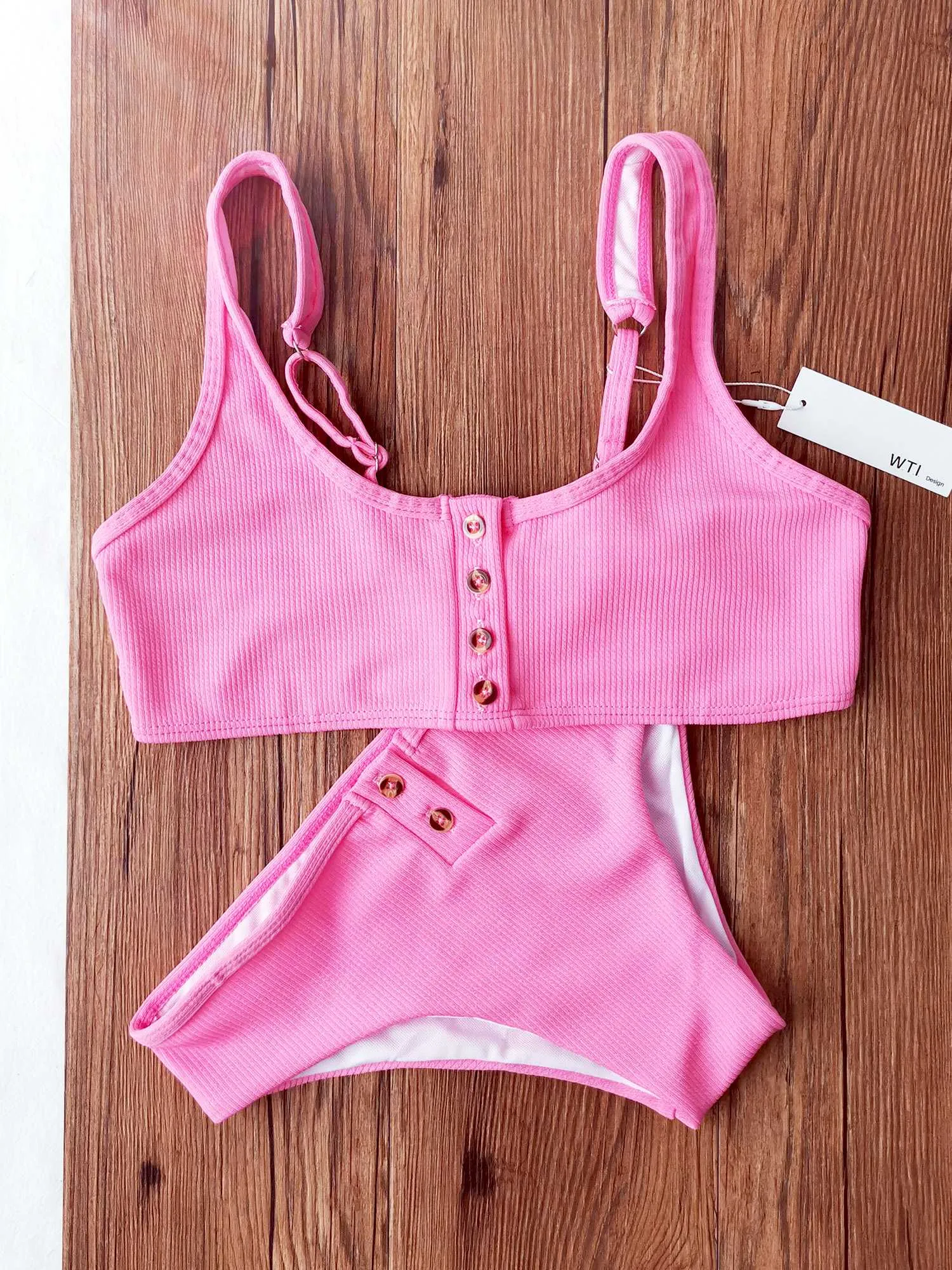 Ribbed Sporty Bikini Swimsuits Button Swimwear Up Crop Top Set