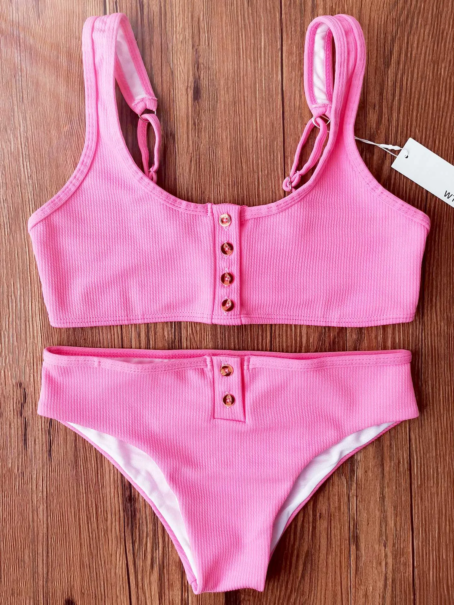 Ribbed Sporty Bikini Swimsuits Button Swimwear Up Crop Top Set