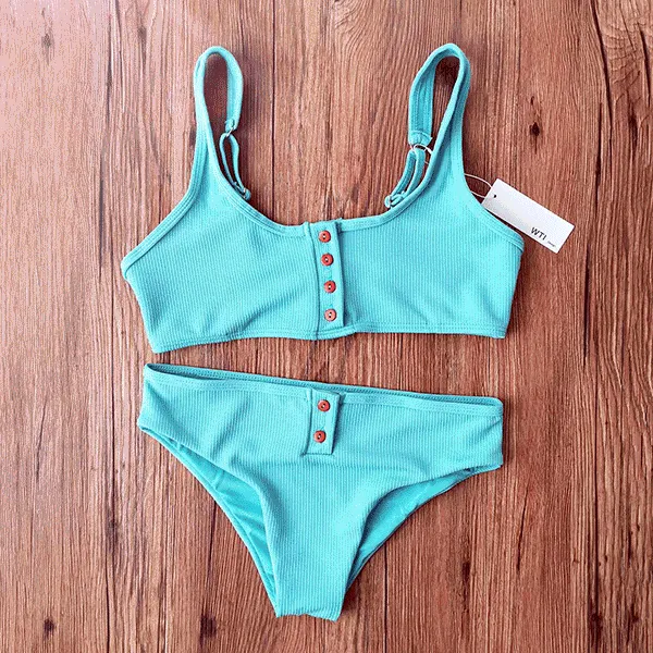 Ribbed Sporty Bikini Swimsuits Button Swimwear Up Crop Top Set