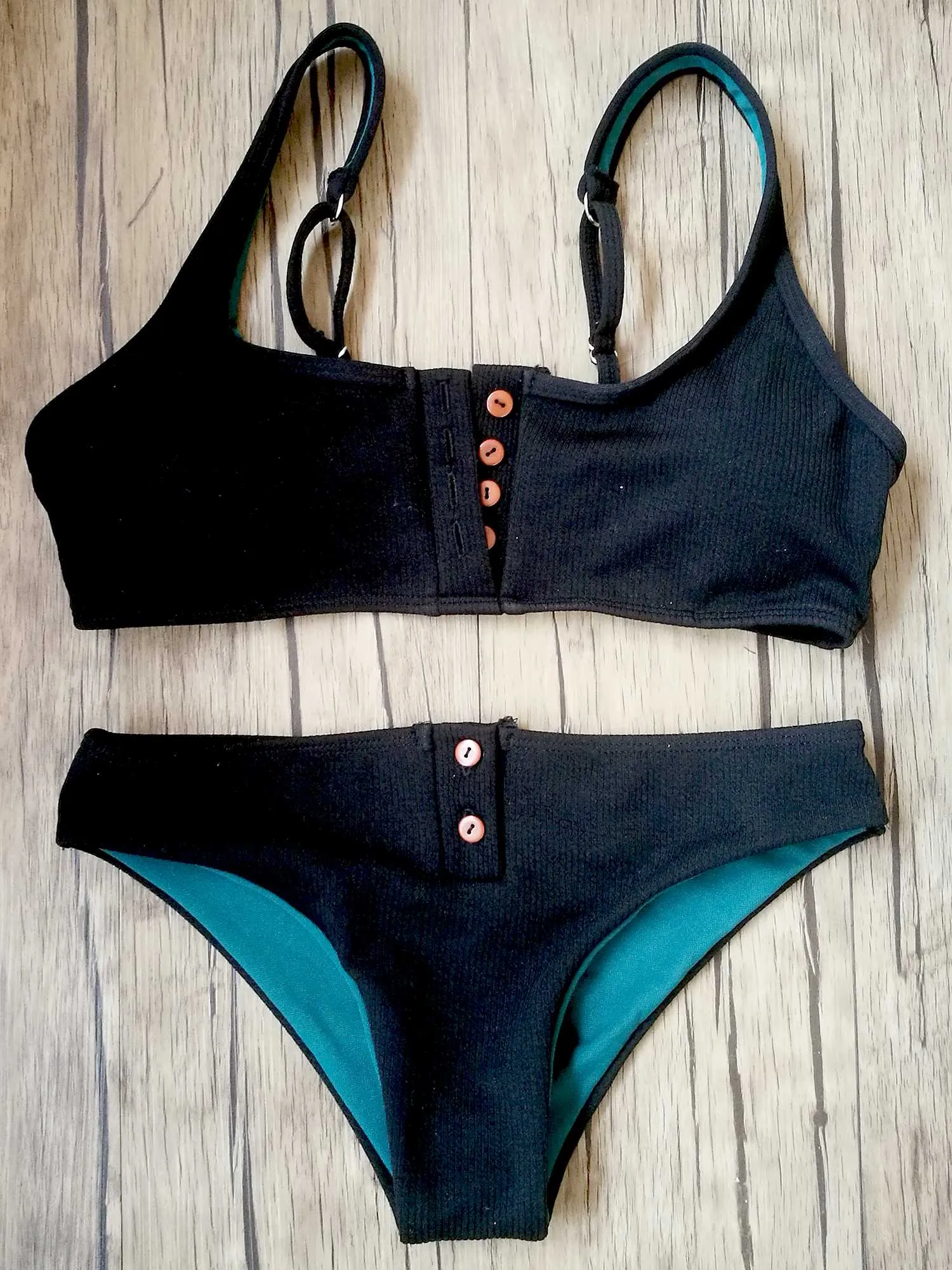 Ribbed Sporty Bikini Swimsuits Button Swimwear Up Crop Top Set