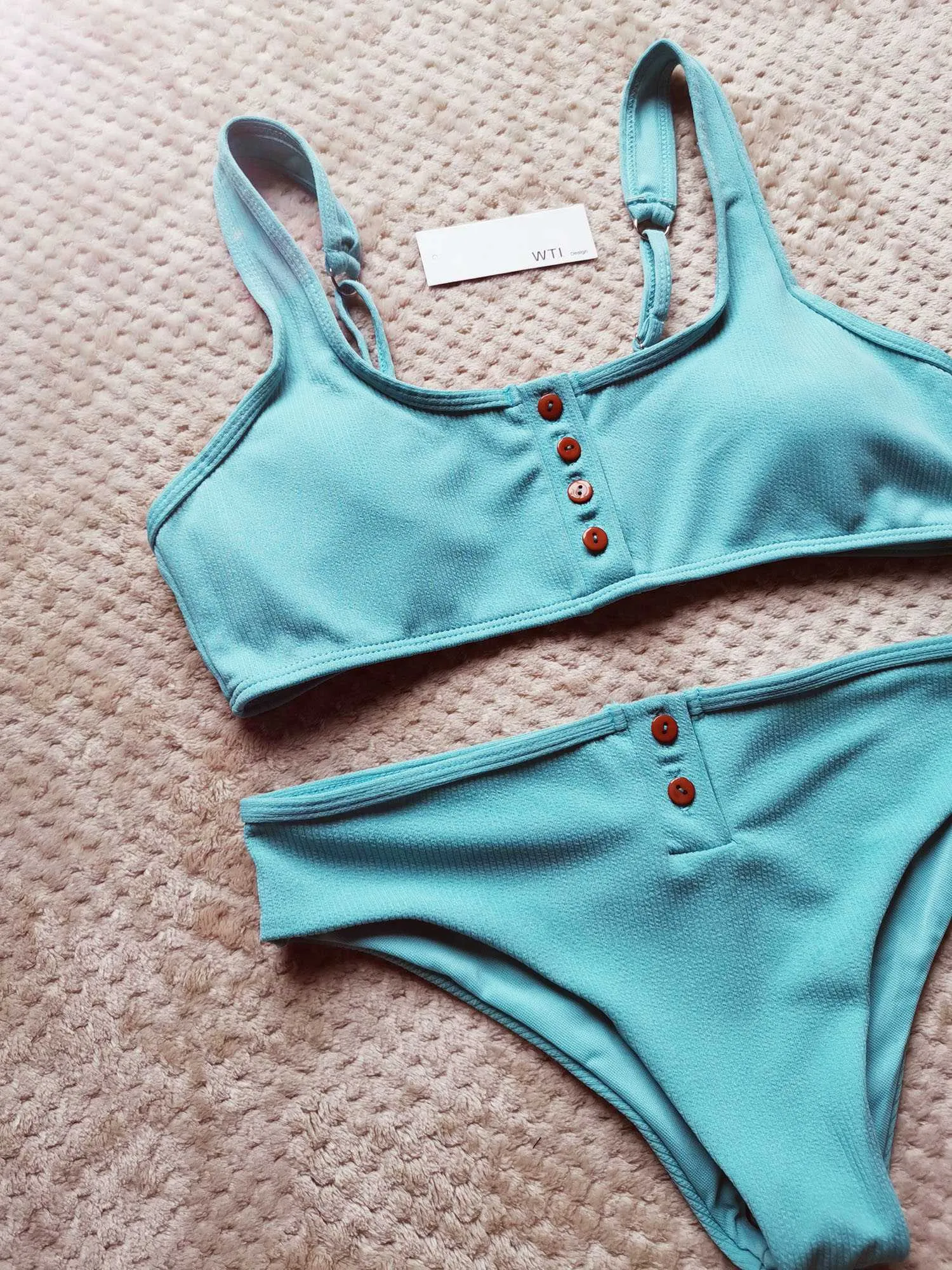 Ribbed Sporty Bikini Swimsuits Button Swimwear Up Crop Top Set