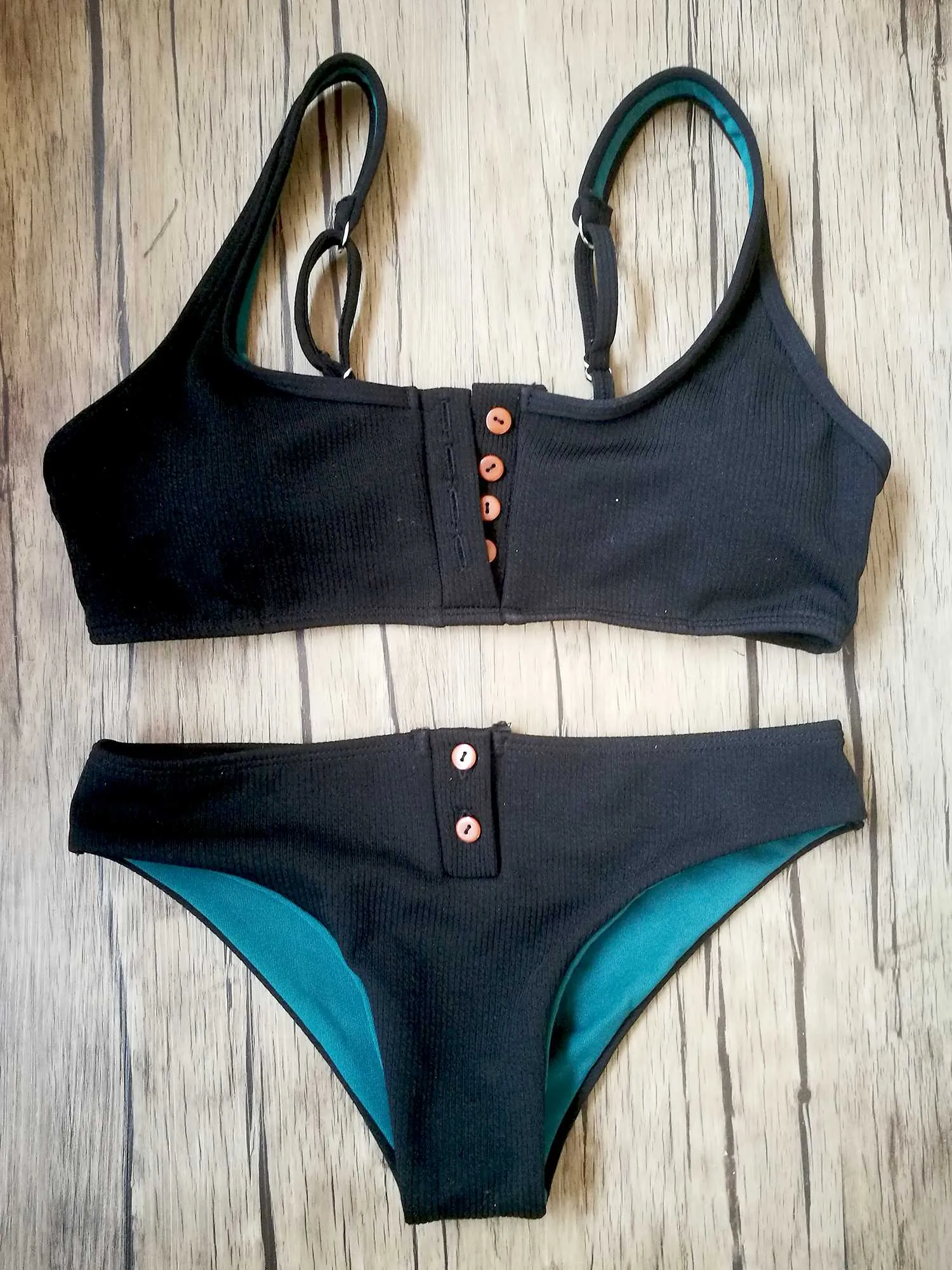 Ribbed Sporty Bikini Swimsuits Button Swimwear Up Crop Top Set