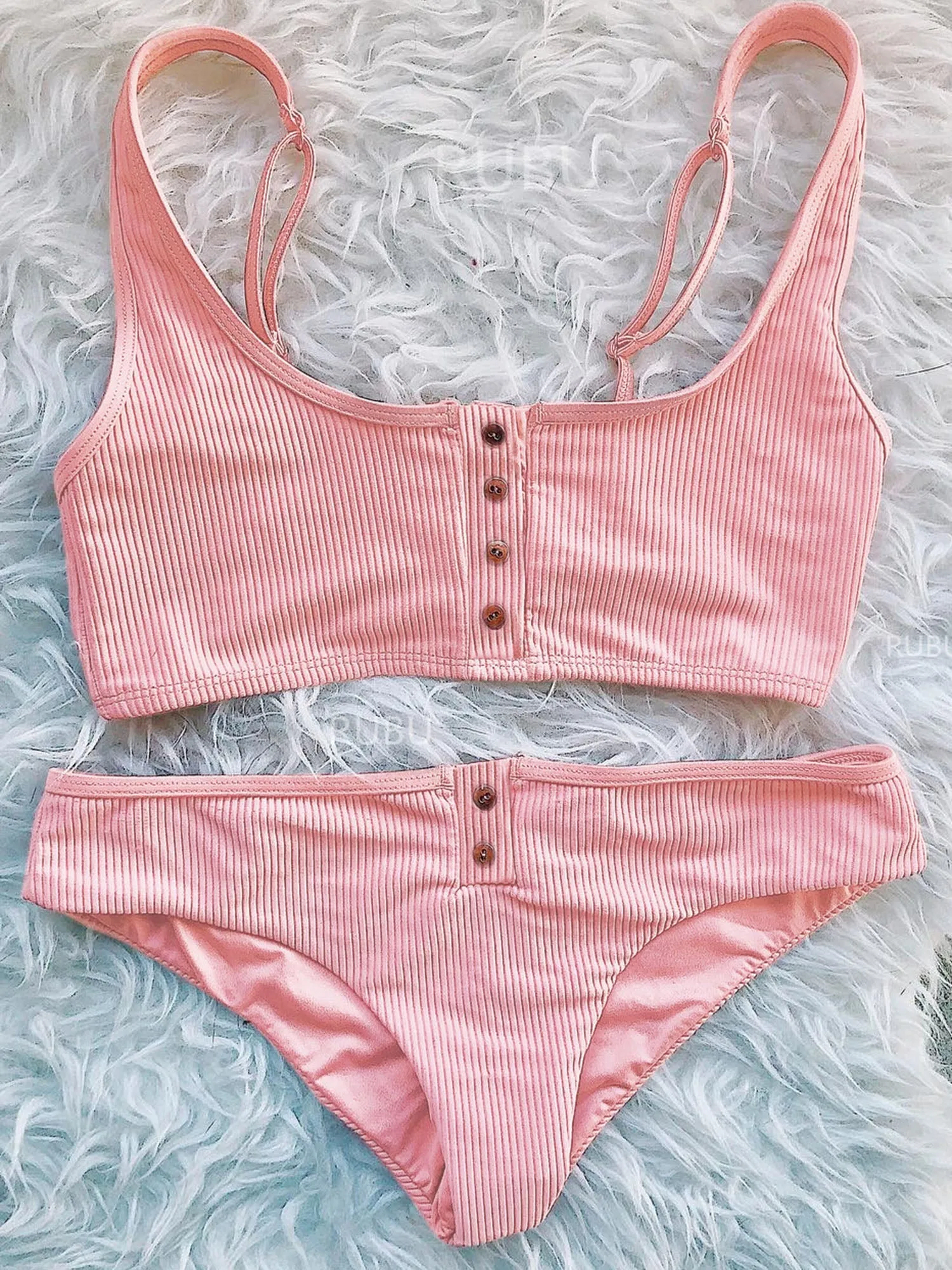 Ribbed Sporty Bikini Swimsuits Button Swimwear Up Crop Top Set