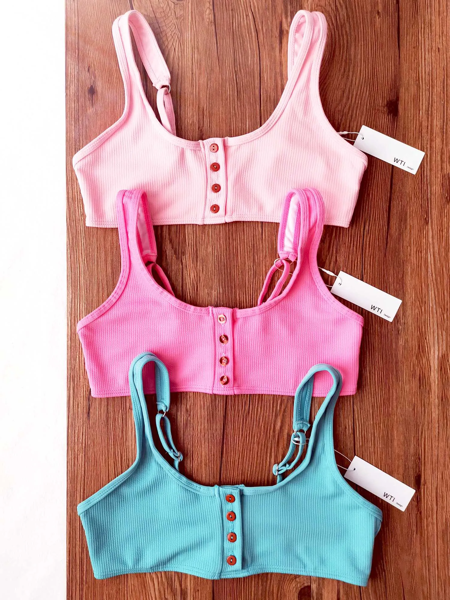 Ribbed Sporty Bikini Swimsuits Button Swimwear Up Crop Top Set