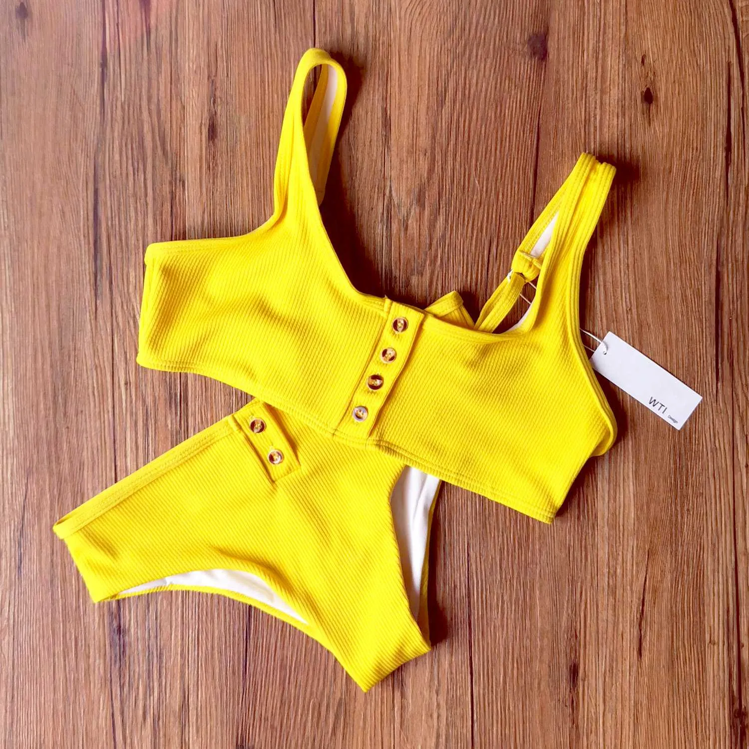 Ribbed Sporty Bikini Swimsuits Button Swimwear Up Crop Top Set