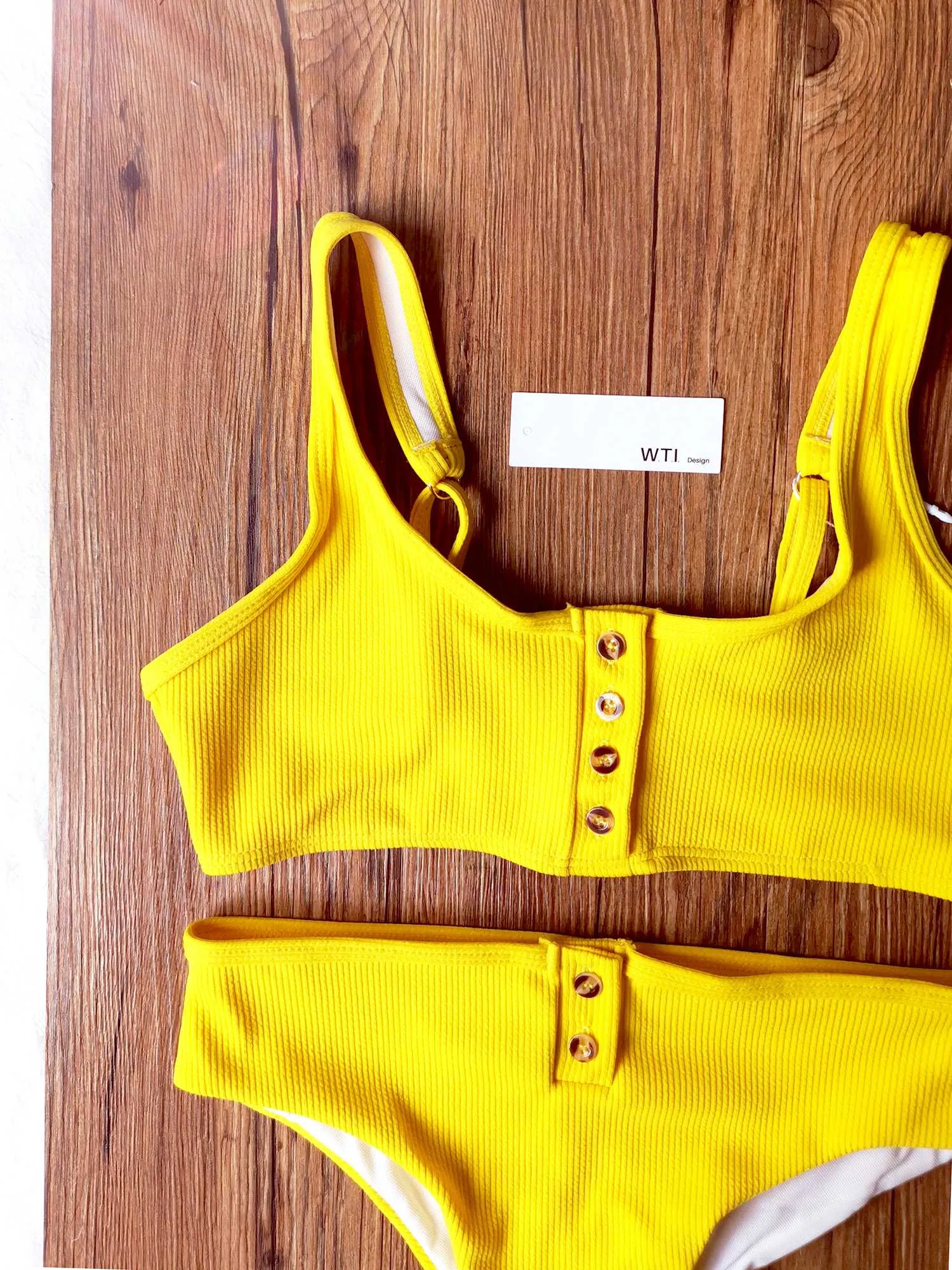 Ribbed Sporty Bikini Swimsuits Button Swimwear Up Crop Top Set