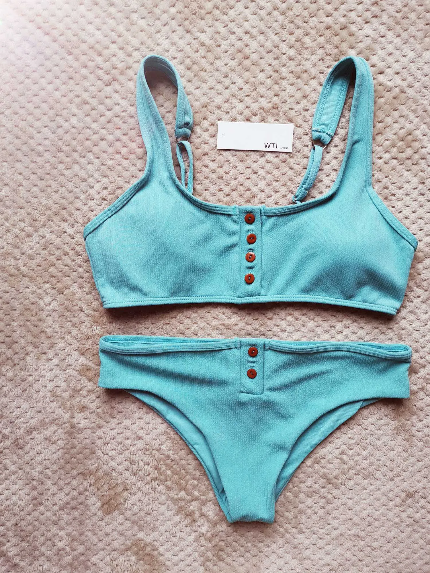 Ribbed Sporty Bikini Swimsuits Button Swimwear Up Crop Top Set