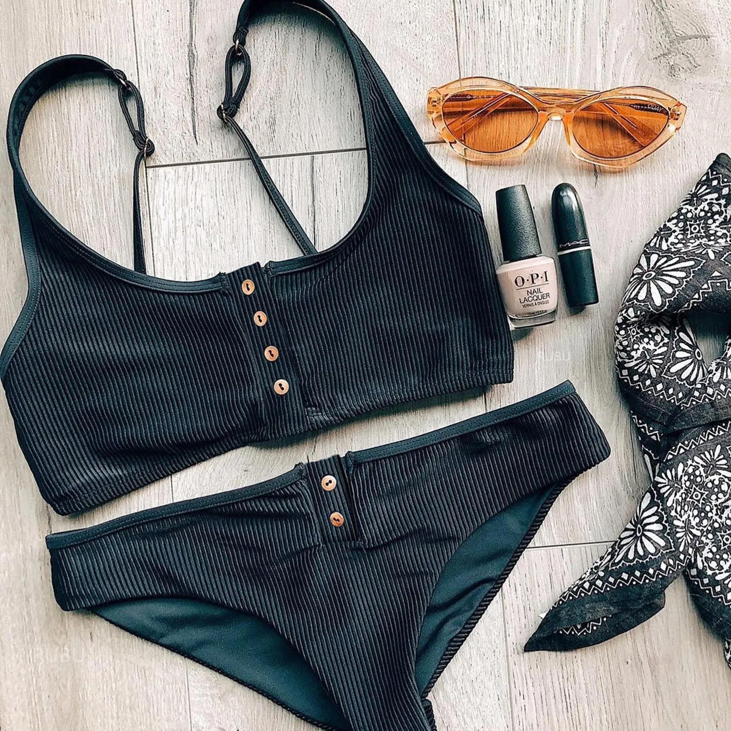 Ribbed Sporty Bikini Swimsuits Button Swimwear Up Crop Top Set