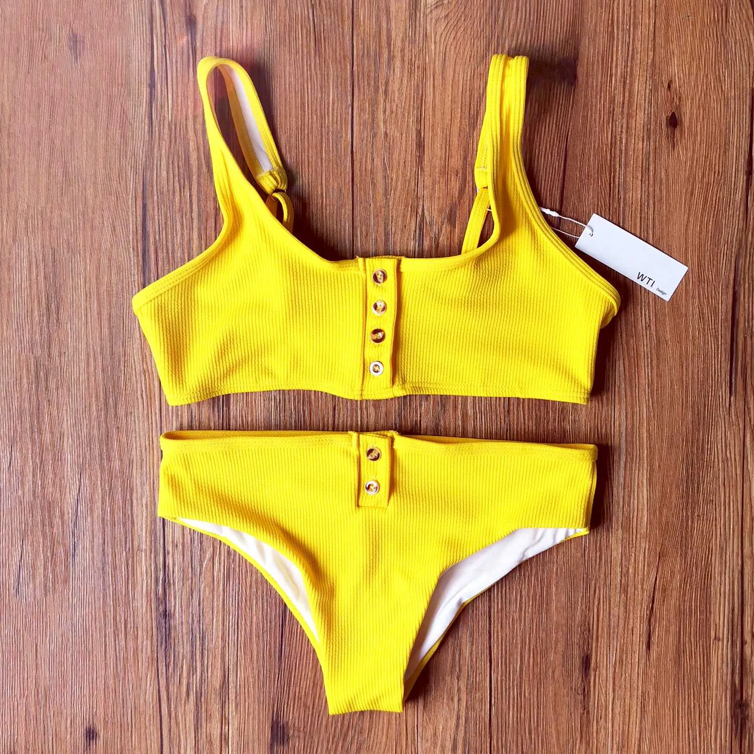 Ribbed Sporty Bikini Swimsuits Button Swimwear Up Crop Top Set