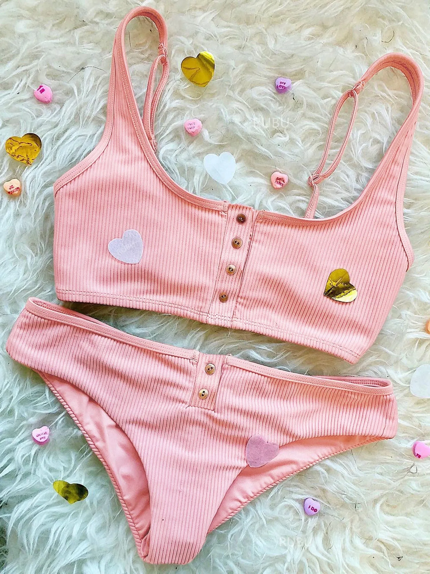 Ribbed Sporty Bikini Swimsuits Button Swimwear Up Crop Top Set