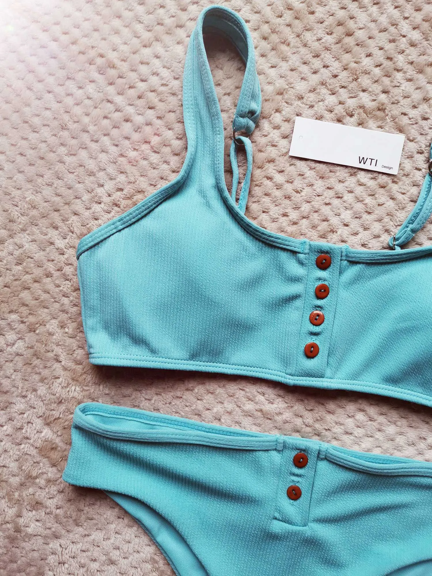 Ribbed Sporty Bikini Swimsuits Button Swimwear Up Crop Top Set