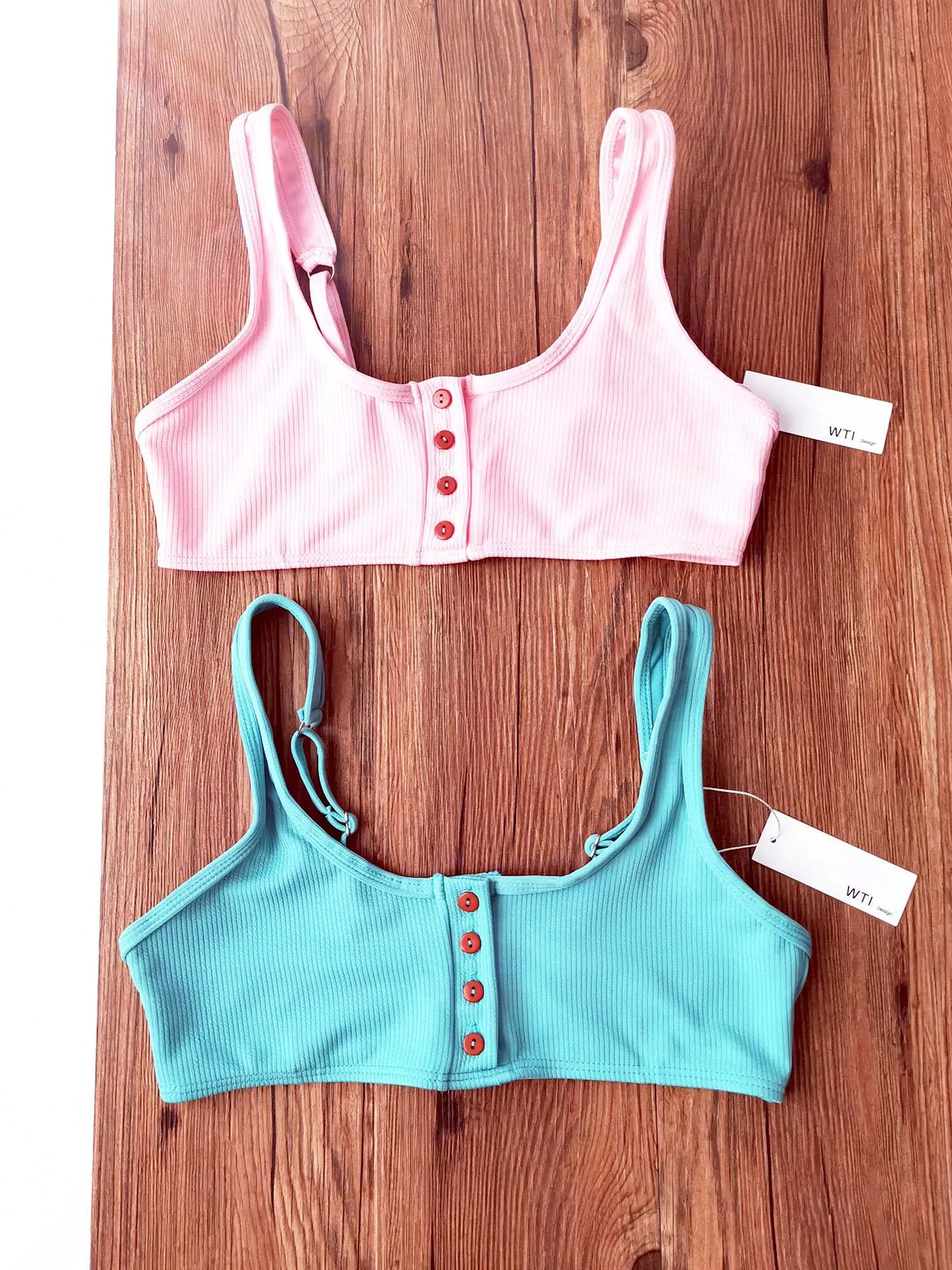 Ribbed Sporty Bikini Swimsuits Button Swimwear Up Crop Top Set