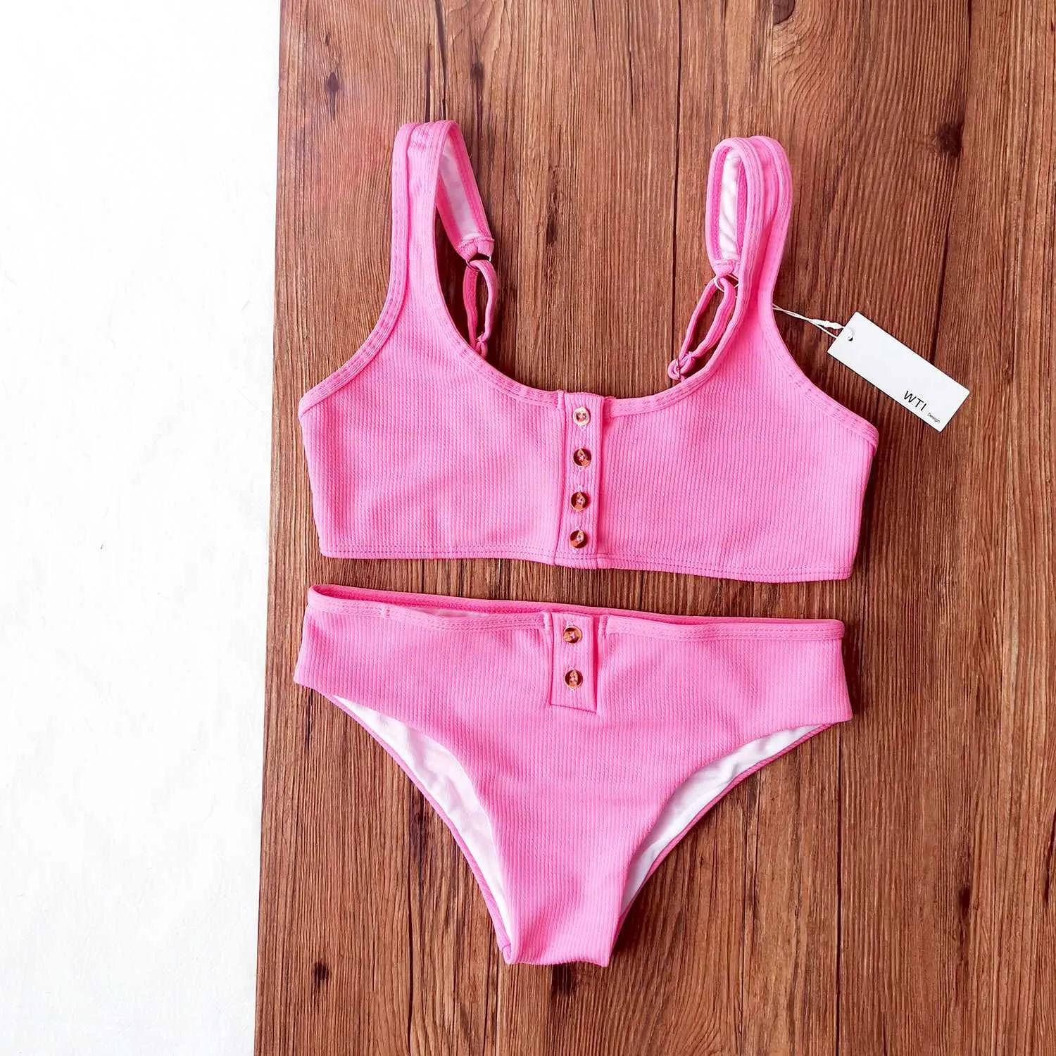 Ribbed Sporty Bikini Swimsuits Button Swimwear Up Crop Top Set