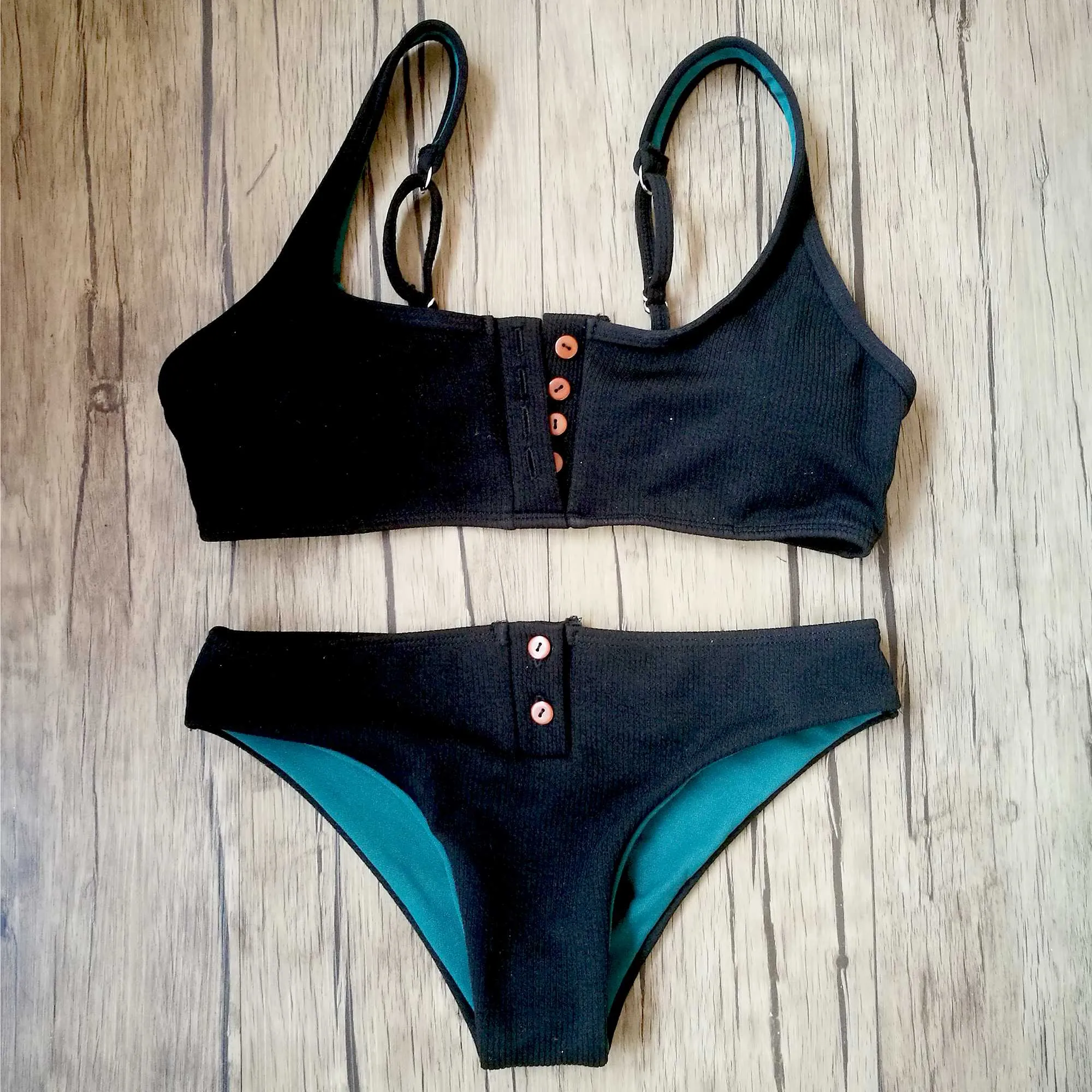 Ribbed Sporty Bikini Swimsuits Button Swimwear Up Crop Top Set