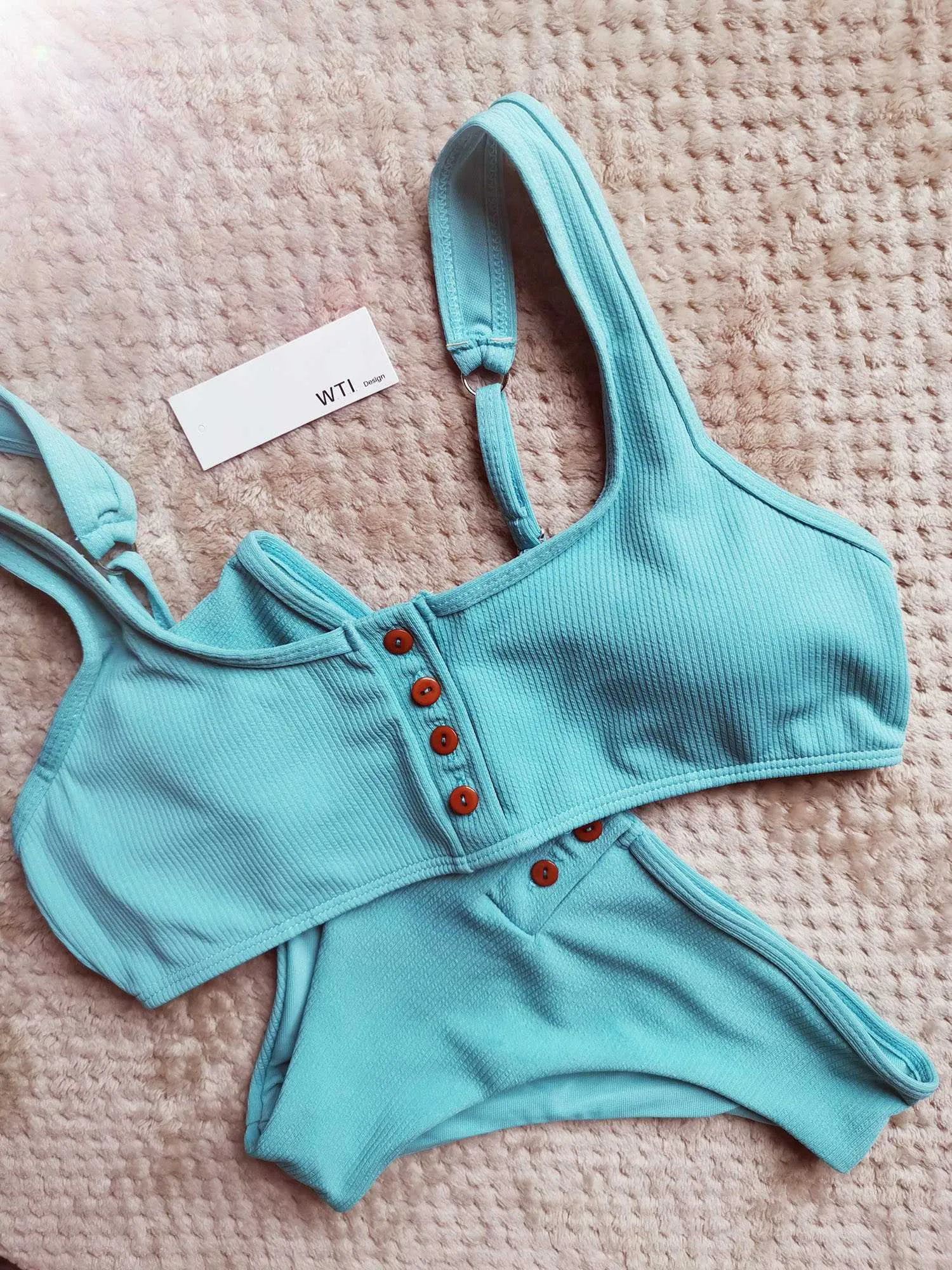 Ribbed Sporty Bikini Swimsuits Button Swimwear Up Crop Top Set