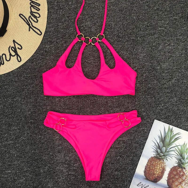 Rose Red Halter Cutout Mid Rise Thong Bottom Bikinis
