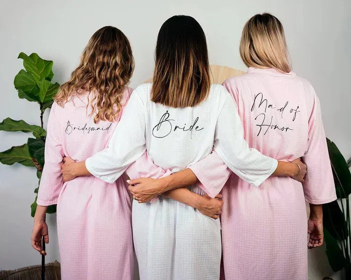Set of 7 Custom Waffled Knit Wedding Cotton robes for Bachelorette Party - Vinyl Alfresco