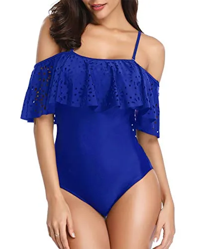 Sexy One Piece Swimsuit Off Shoulder Design Tummy Control Swimwear-Royal Blue