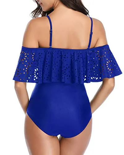 Sexy One Piece Swimsuit Off Shoulder Design Tummy Control Swimwear-Royal Blue