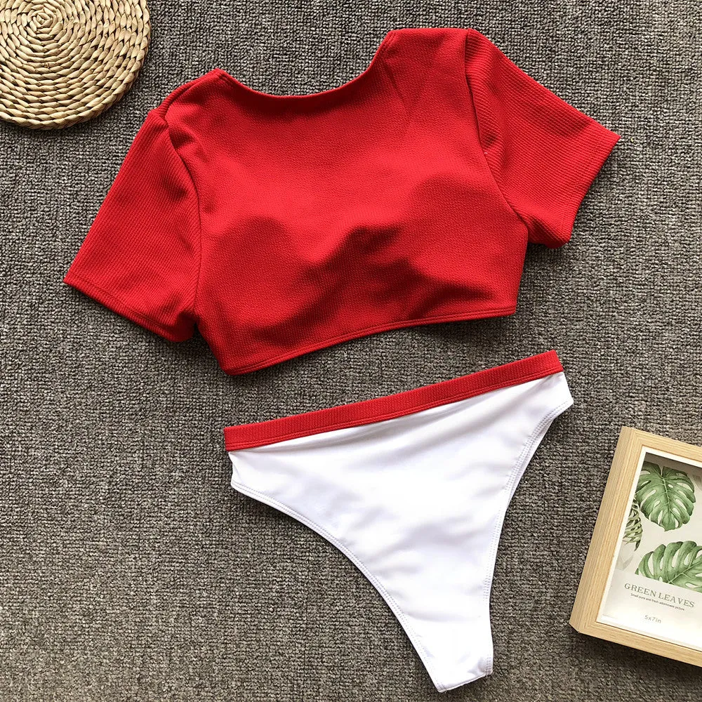 Short Sleeve Buckle V Neck Thong Bottom Bikinis