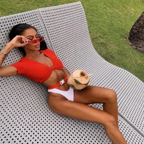 Short Sleeve Buckle V Neck Thong Bottom Bikinis