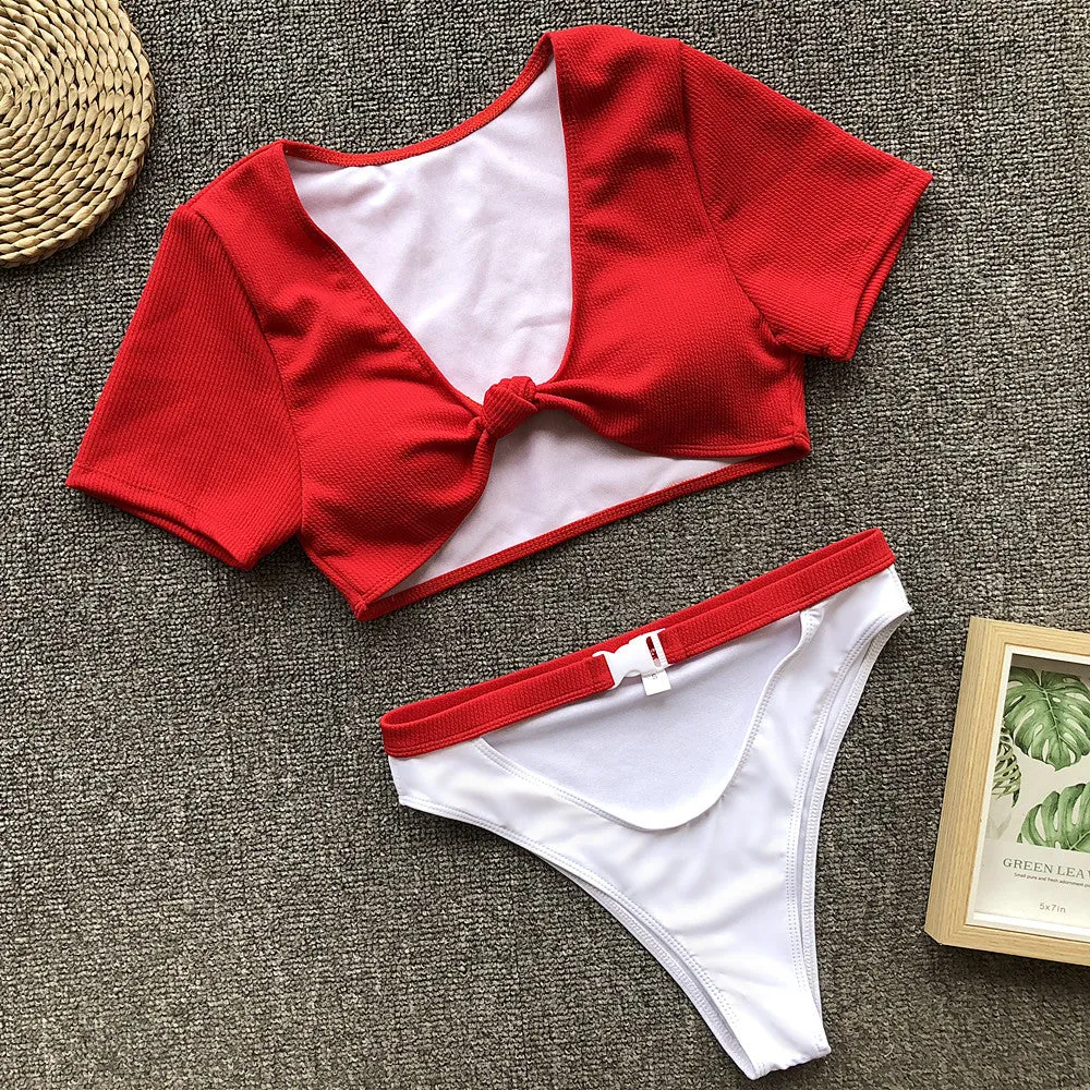 Short Sleeve Buckle V Neck Thong Bottom Bikinis