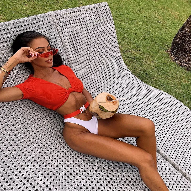 Short Sleeve Buckle V Neck Thong Bottom Bikinis